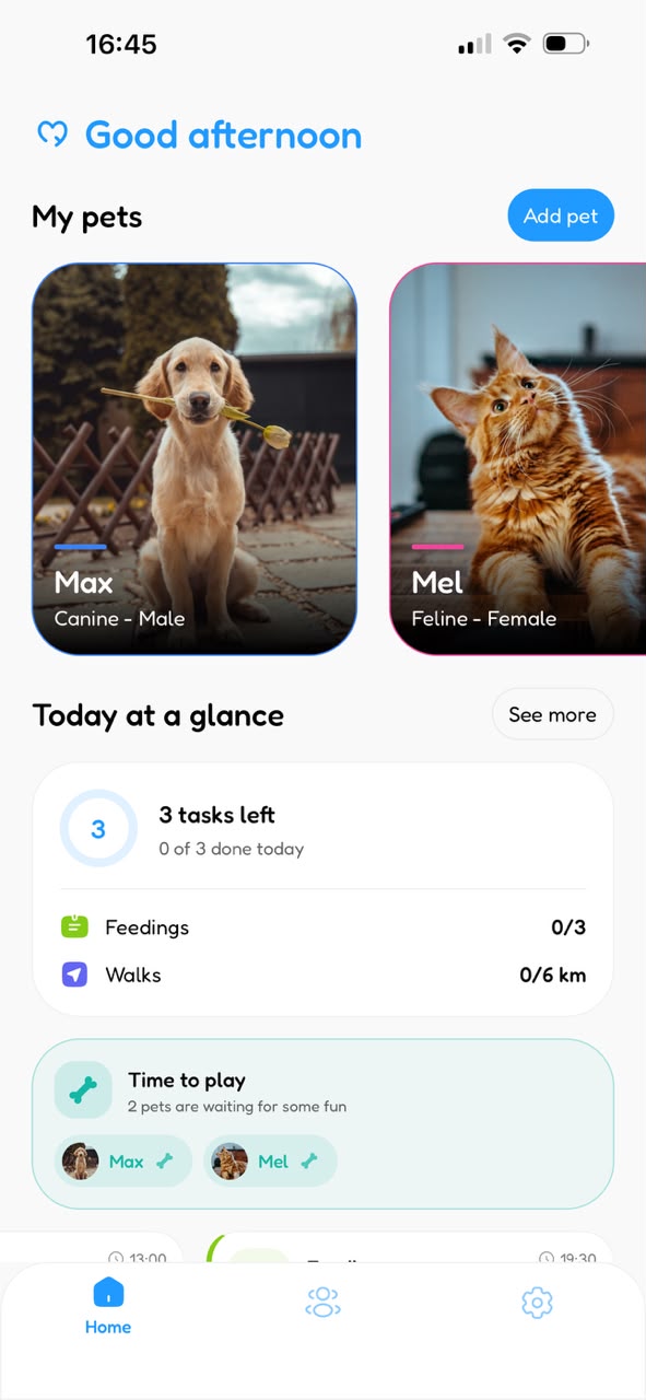 MyPet home screen showing pet cards
