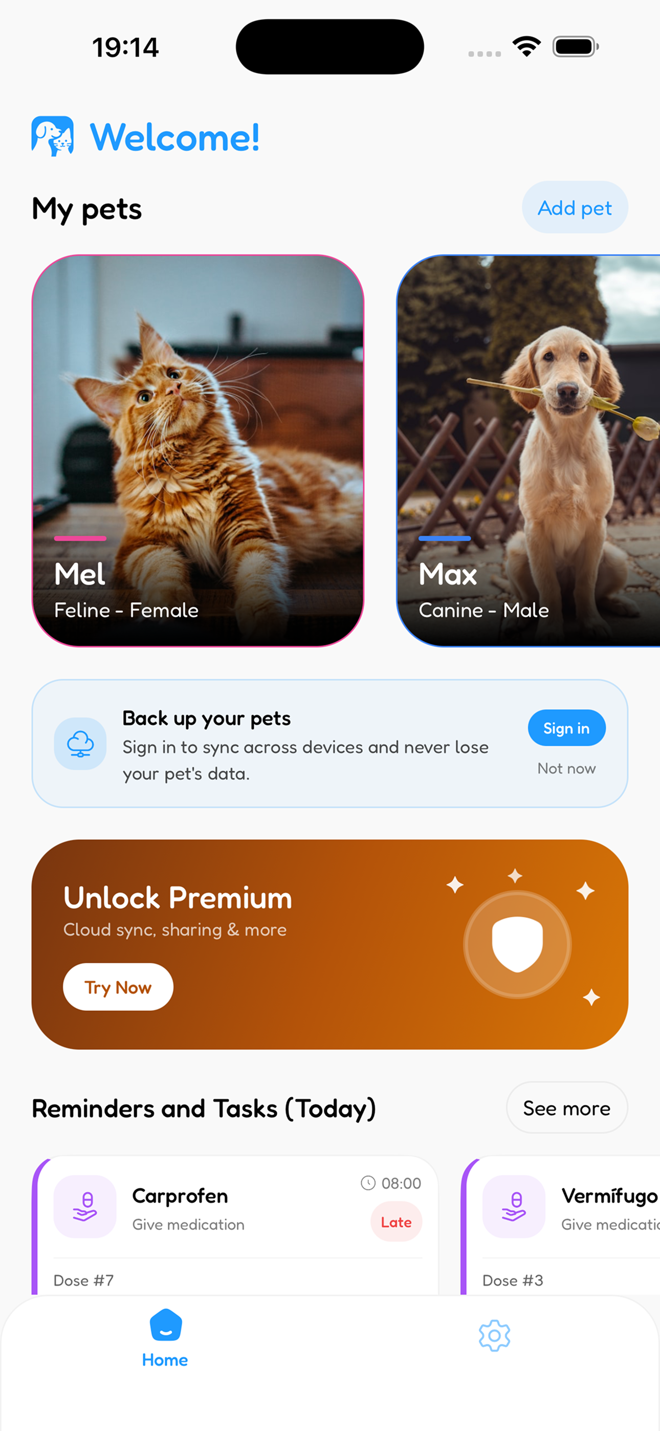 MyPet home screen showing pet cards
