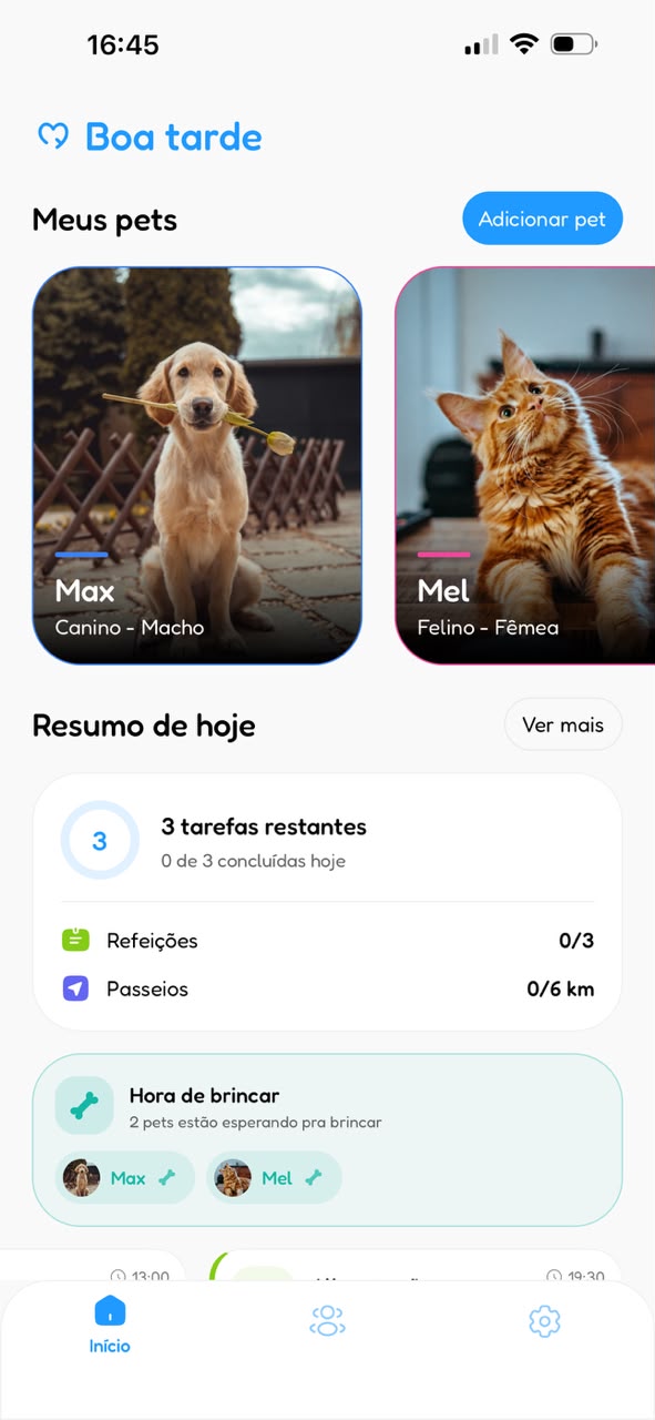 MyPet home screen showing pet cards